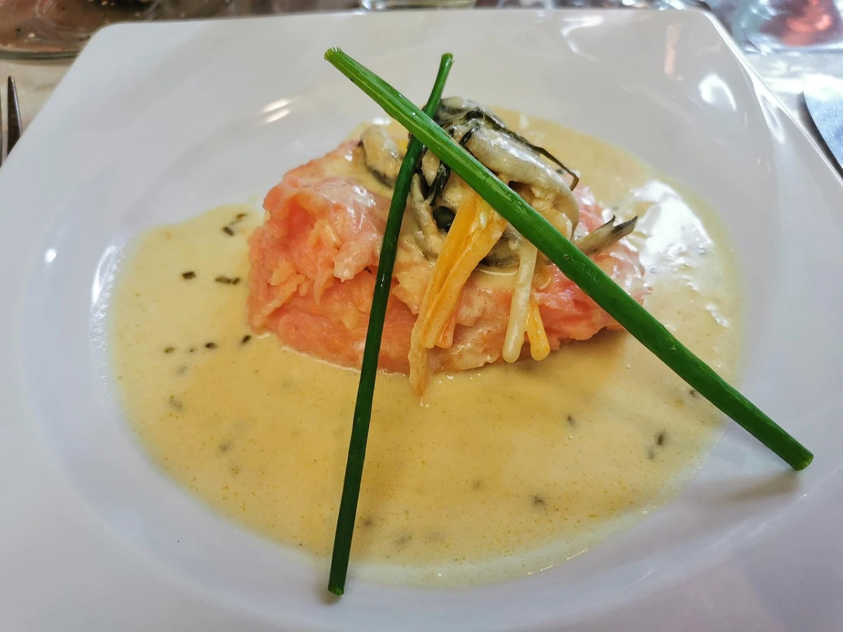 Plastry łososia z warzywami julienne, polane sosem berneńskim, udekorowane szczypiorkiem, podane na białym talerzu